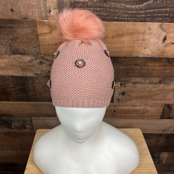Neiman Marcus Hat Pom Beanie Pink Tan Blush Floral Embellished Bling One Size - Picture 8 of 8